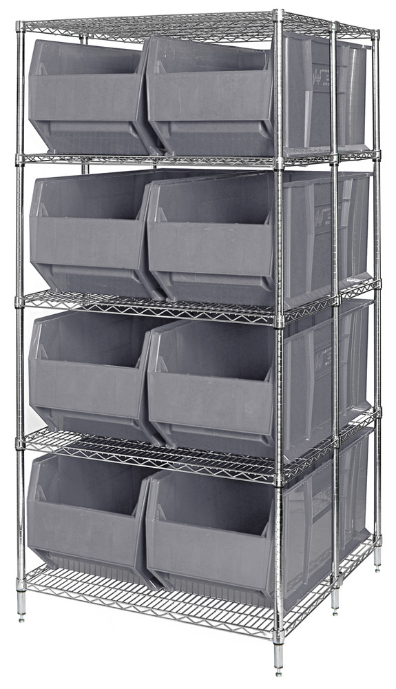 WRA86-2154C-166GY RackBin 42" Container Wire Shelving System, 42"D x 54"W x 86"H, includes: 5-tier of shelving and (12) QRB166 gray containers, chrome plated finish, shipped KD
