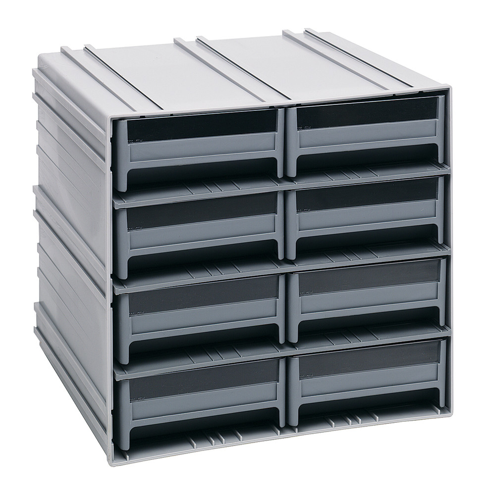 QIC-83GY Interlocking Storage Cabinets, 11-3/8"D x 11-3/4"W x 11"H, includes: (8) IDR203, windows and (2) dividers per drawer, cabinets interlock horizontally and vertically or can be mounted on wall, gray drawers