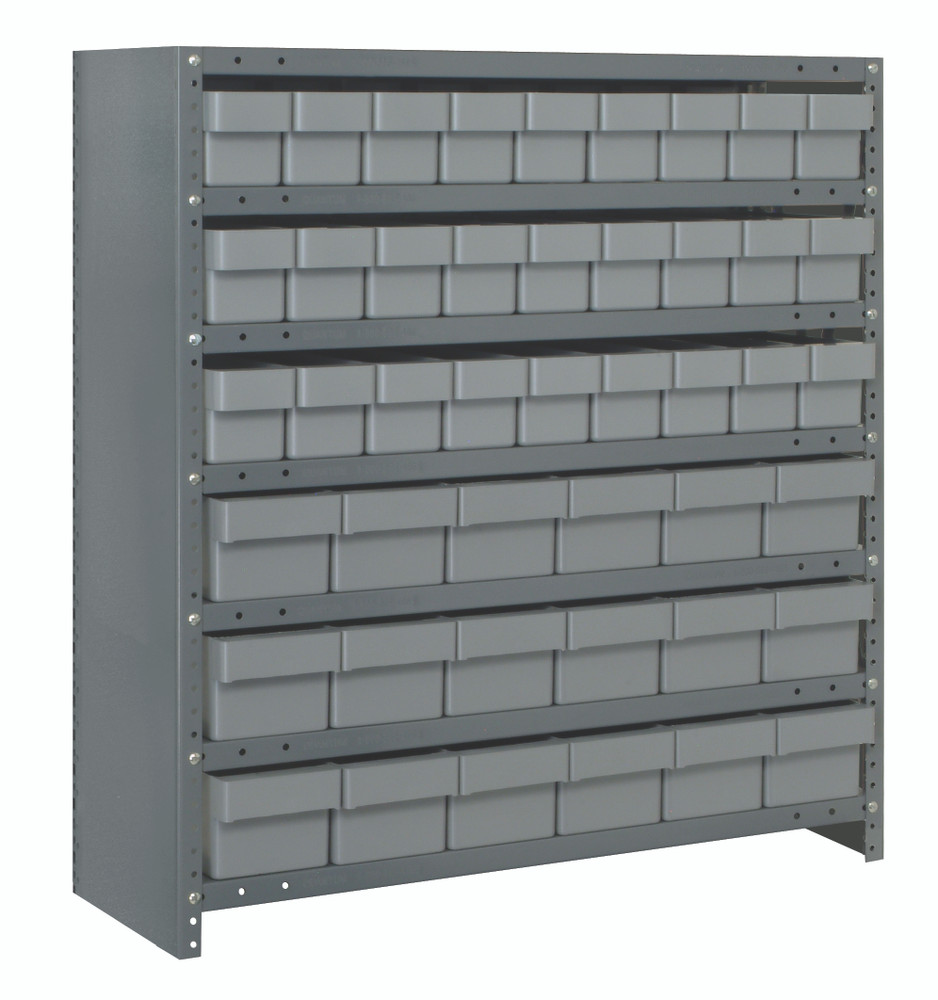 CL1839-624GY Shelving Unit, closed, 18"D x 36"L x 39"H, heavy duty, 400 lb. load capacity per shelf, includes: (7) shelves, (27) 17-7/8"L x 3-3/4"W x 4-5/8"H (QED604) and (18) 17-7/8"L x 5-9/16"W x 4-5/8"H (QED602) gray black bins
