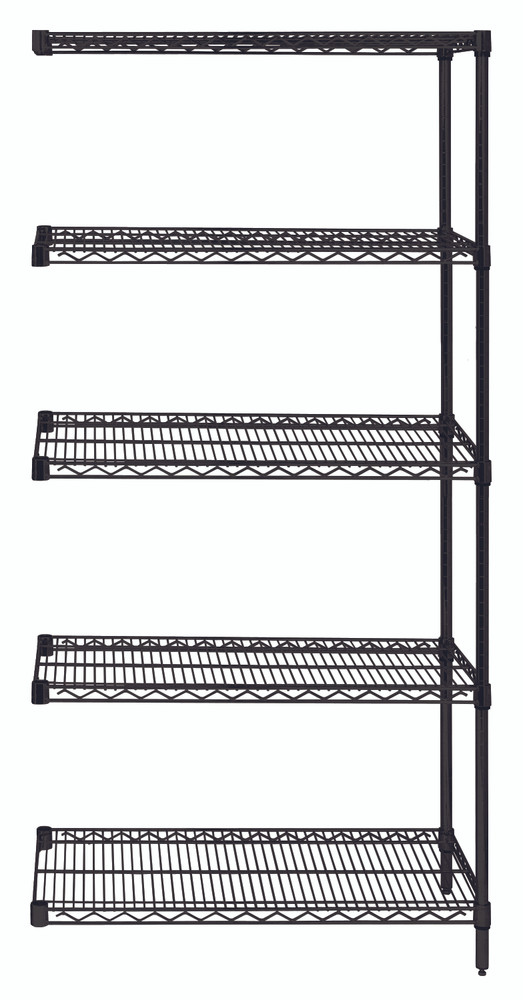 AD86-2448BK-5 Wire Shelving Add-On Kit, 48"W x 24"D x 86"H, 600 - 800 lb. capacity, includes (5) wire shelves, (2) posts and (10) S-Hooks, black epoxy antimicrobial finish, NSF, shipped KD