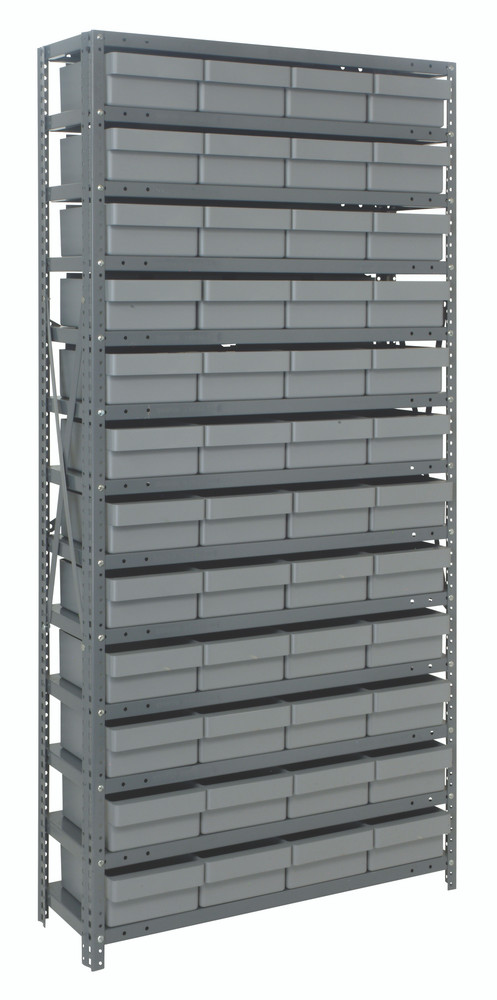 1275-701GY Shelving Unit, 12"D x 36"L x 75"H, heavy duty, 400 lb. load capacity per shelf, includes: (13) shelves, (48) 11-5/8"L x 8-3/8"W x 4-5/8"H (QED701) gray black bins, uprights and cross bars, galvanized steel finish