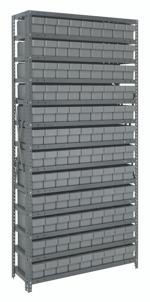 1275-501GY Shelving Unit, 12"D x 36"L x 75"H, heavy duty, 400 lb. load capacity per shelf, includes: (13) shelves, (108) 11-5/8"L x 3-3/4"W x 4-5/8"H (QED501) gray black bins, uprights and cross bars, galvanized steel finish