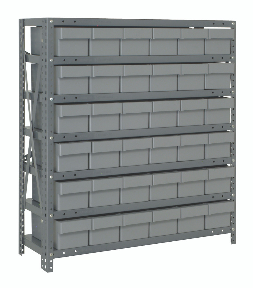 1239-601GY Shelving Unit, 12"D x 36"L x 39"H, heavy duty, 400 lb. load capacity per shelf, includes: (7) shelves, (36) 11-5/8"L x 5-9/16"W x 4-5/8"H (QED601) clear black bins, uprights and cross bars, galvanized steel finish