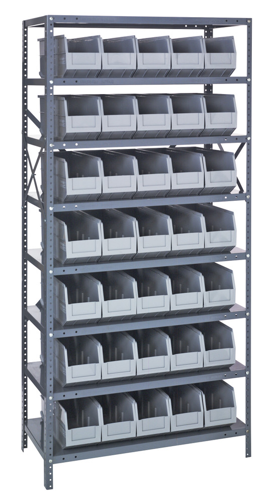 1275-441GY Shelving Unit, 12"D x 36"L x 75"H, heavy duty, 400 lb. load capacity per shelf, includes: (8) shelves, (35) 14"L x 6"W x 7"H (SSB441) gray black bins, uprights and cross bars, galvanized steel finish
