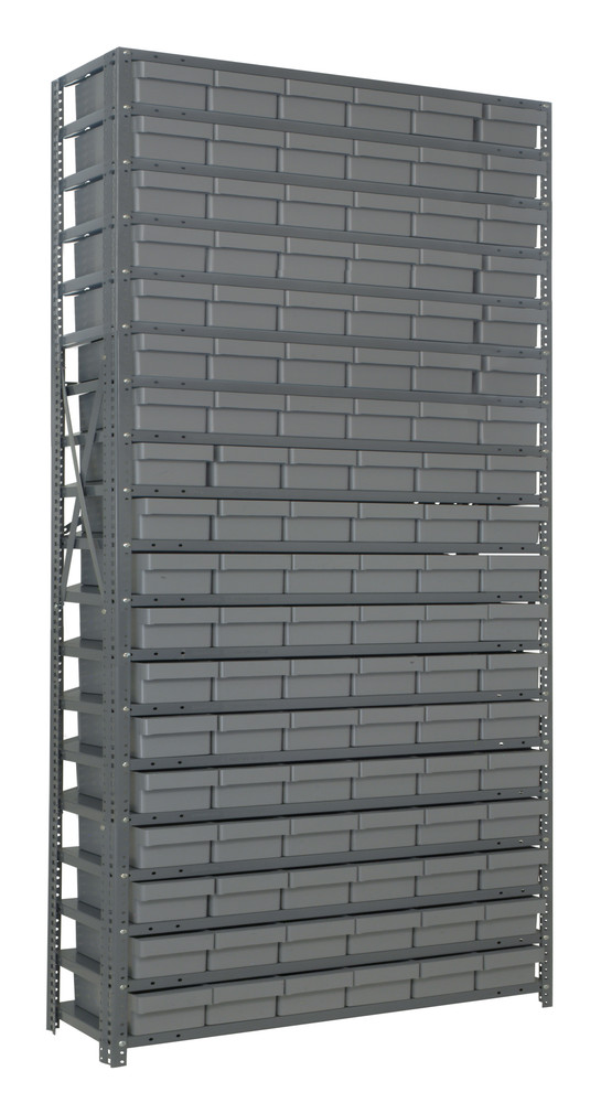 1275-401GY Shelving Unit, 12"D x 36"L x 75"H, heavy duty, 400 lb. load capacity per shelf, includes: (19) shelves, (27) 11-5/8"L x 5-9/16"W x 2-1/8"H (QED401) gray black bins, uprights and cross bars, galvanized steel finish