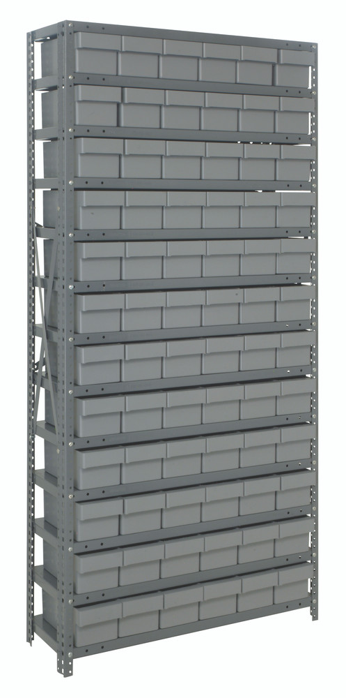 1275-601GY Shelving Unit, 12"D x 36"L x 75"H, heavy duty, 400 lb. load capacity per shelf, includes: (13) shelves, (72) 11-5/8"L x 5-9/16"W x 4-5/8"H (QED601) gray black bins, uprights and cross bars, galvanized steel finish