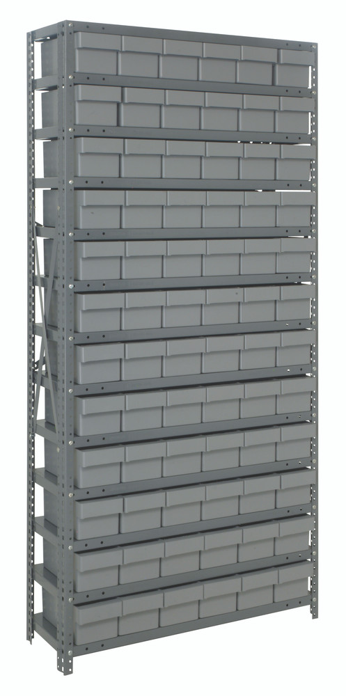 1875-602GY Shelving Unit, 18"D x 36"L x 75"H, heavy duty, 400 lb. load capacity per shelf, includes: (13) shelves, (72) 17-7/8"L x 5-9/16"W x 4-5/8"H (QED602) gray black bins, uprights and cross bars, galvanized steel finish