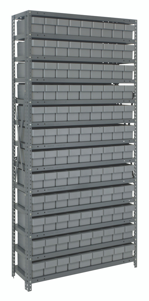 1875-604GY Shelving Unit, 18"D x 36"L x 75"H, heavy duty, 400 lb. load capacity per shelf, includes: (13) shelves, (108) 17-7/8"L x 3-3/4"W x 4-5/8"H (QED604) gray black bins, uprights and cross bars, galvanized steel finish