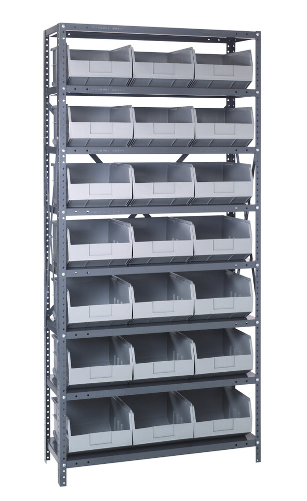 2475-485GY Shelving Unit, 24"D x 36"L x 75"H, heavy duty, 400 lb. load capacity per shelf, includes: (8) shelves, (21) 20-1/2"L x 11"W x 7"H (SSB485) gray black bins, uprights and cross bars, galvanized steel finish