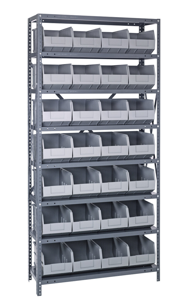 1875-463GY Shelving Unit, 18"D x 36"L x 75"H, heavy duty, 400 lb. load capacity per shelf, includes: (8) shelves, (28) 18"L x 8-1/4"W x 7"H (SSB463) gray black bins, uprights and cross bars, galvanized steel finish
