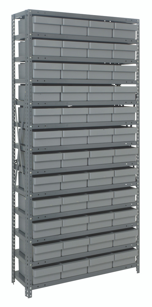 1875-606GY Shelving Unit, 18"D x 36"L x 75"H, heavy duty, 400 lb. load capacity per shelf, includes: (13) shelves, (48) 17-7/8"L x 8-3/8"W x 4-5/8"H (QED606) gray black bins, uprights and cross bars, galvanized steel finish