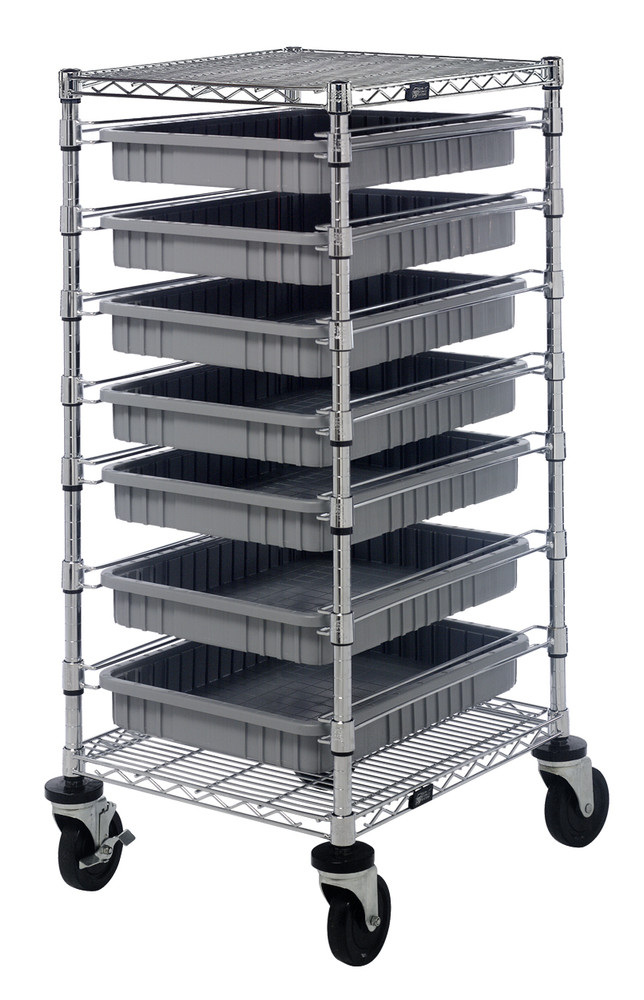 BC212439M2GY Bin Cart, mobile, 21"W x 24"L x 45"H, includes: (2) wire shelves, (7) 22-1/2"L x 17-1/2"W x 3"H (DG93030) gray bin and set of casters, chrome plated finish