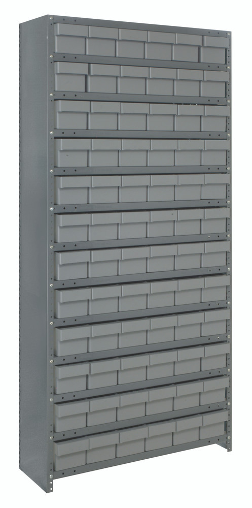 CL1875-602GY Shelving Unit, closed, 18"D x 36"L x 75"H, heavy duty, 400 lb. load capacity per shelf, includes: (13) shelves, (72) 17-7/8"L x 5-9/16"W x 4-5/8"H (QED602) gray black bins, uprights and cross bars, galvanized steel finish