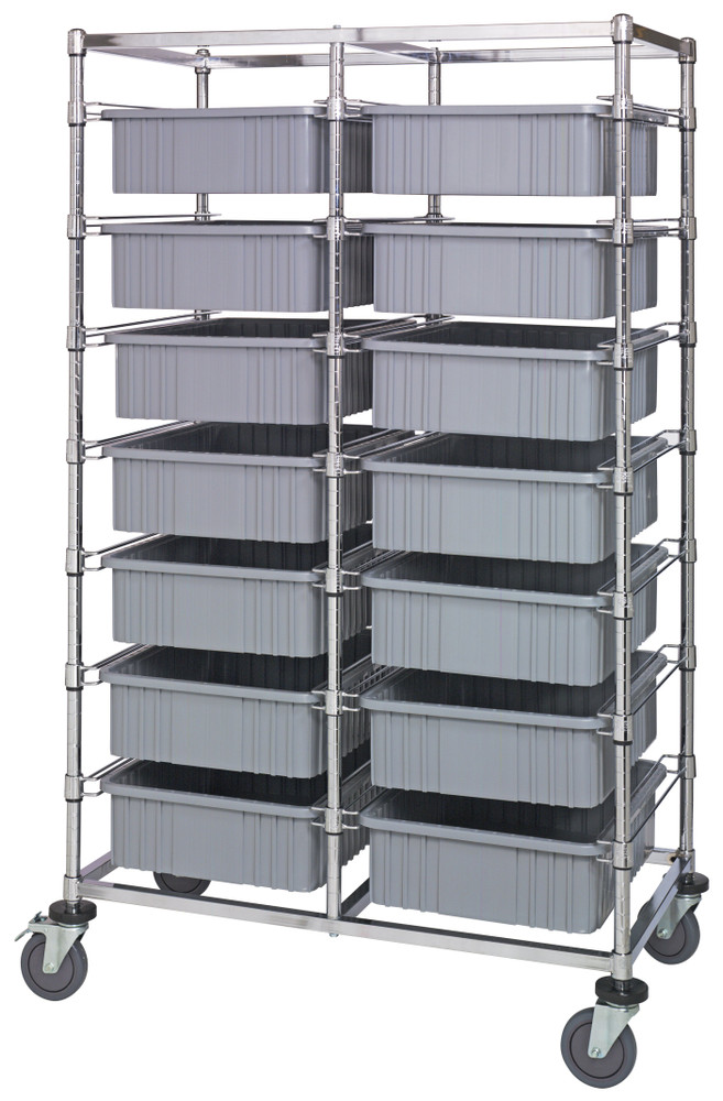 BC214069M1DGY Bin Cart, mobile, double bay, 24"W x 40"L x 69"H, includes: (14) 22-1/2"L x 17-1/2"W x 6"H  (DG93060) gray bin, chrome plated finish, shipped KD