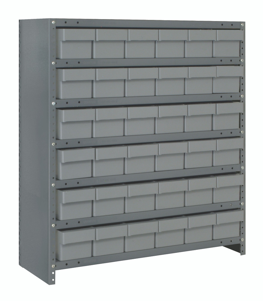 CL1239-601GY Shelving Unit, closed, 12"D x 36"L x 39"H, heavy duty, 400 lb. load capacity per shelf, includes: (7) shelves, (36) 11-5/8"L x 5-9/16"W x 4-5/8"H (QED601) clear black bins, uprights and cross bars, galvanized steel finish