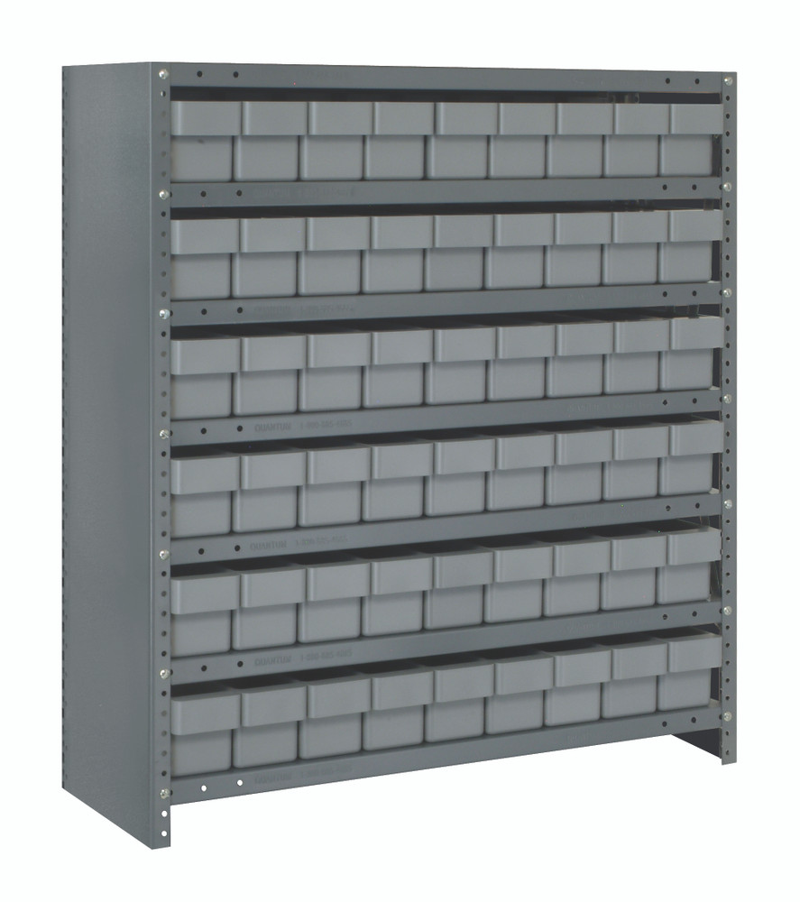 CL1839-604GY Shelving Unit, 18"D x 36"L x 39"H, heavy duty, 400 lb. load capacity per shelf, includes: (7) shelves, (54) 17-7/8"L x 3-3/4"W x 4-5/8"H (QED604) gray black bins, uprights and cross bars, galvanized steel finish