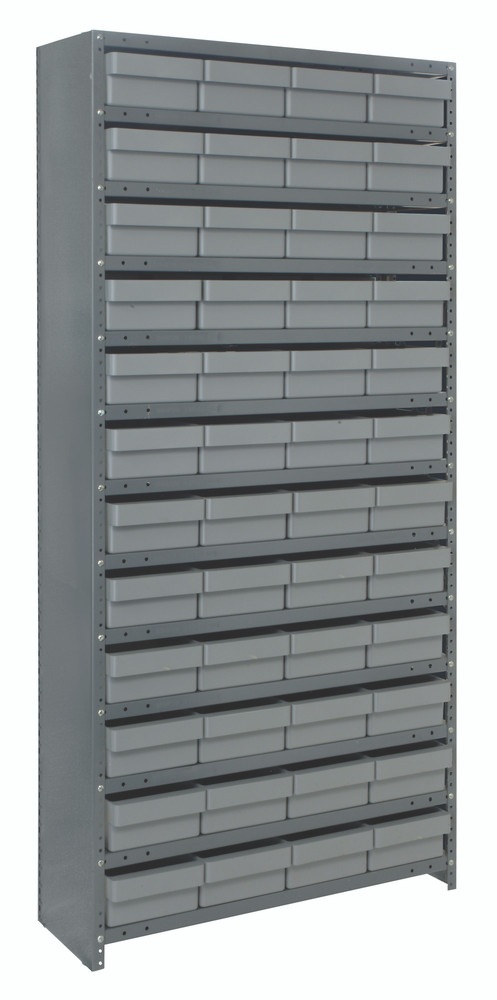 CL1275-701GY Shelving Unit, closed, 12"D x 36"L x 75"H, heavy duty, 400 lb. load capacity per shelf, includes: (13) shelves, (48) 11-5/8"L x 8-3/8"W x 4-5/8"H (QED701) gray black bins, uprights and cross bars, galvanized steel finish