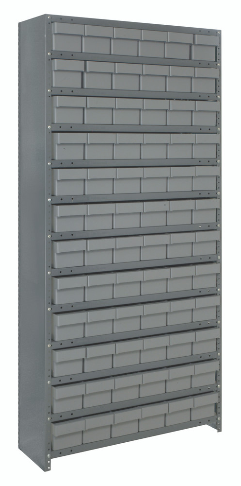 CL2475-603GY Shelving Unit, 24"D x 36"L x 75"H, heavy duty, 400 lb. load capacity per shelf, includes: (13) shelves, (72) 24"L x 5-9/16"W x 4-5/8"H (QED603) gray black bins, uprights and cross bars, galvanized steel finish