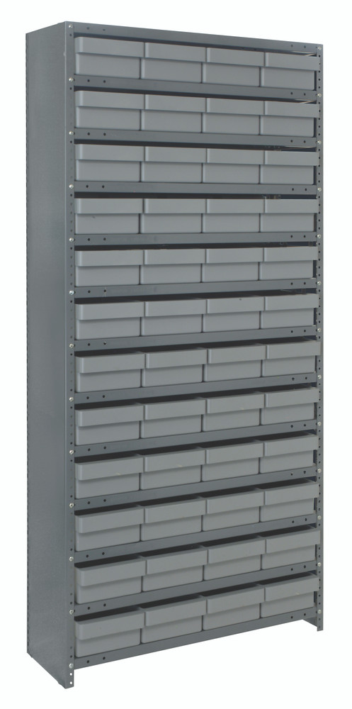 CL1875-606GY Shelving Unit, closed, 18"D x 36"L x 75"H, heavy duty, 400 lb. load capacity per shelf, includes: (13) shelves, (48) 17-7/8"L x 8-3/8"W x 4-5/8"H (QED606) gray black bins, uprights and cross bars, galvanized steel finish