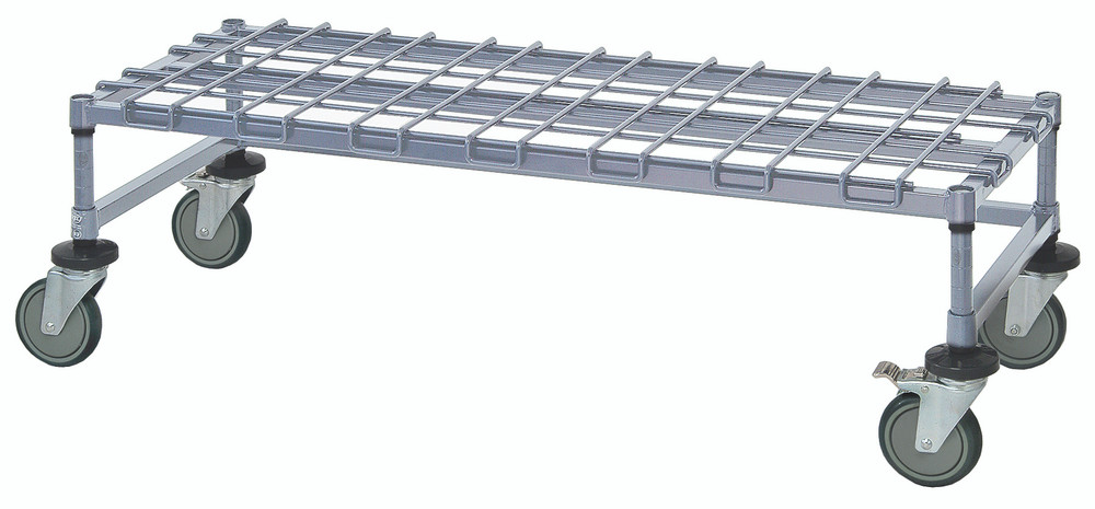 M18606DGY Dunnage Platform Rack, wire, mobile, 60"W x 18"D x 14"H, (1) dunnage shelf, (1) 3-sided frame, (4) 6" posts, (4) donut bumpers and (4) 5" swivel polyurethane casters (2 with brakes), gray epoxy antimicrobial finish, NSF