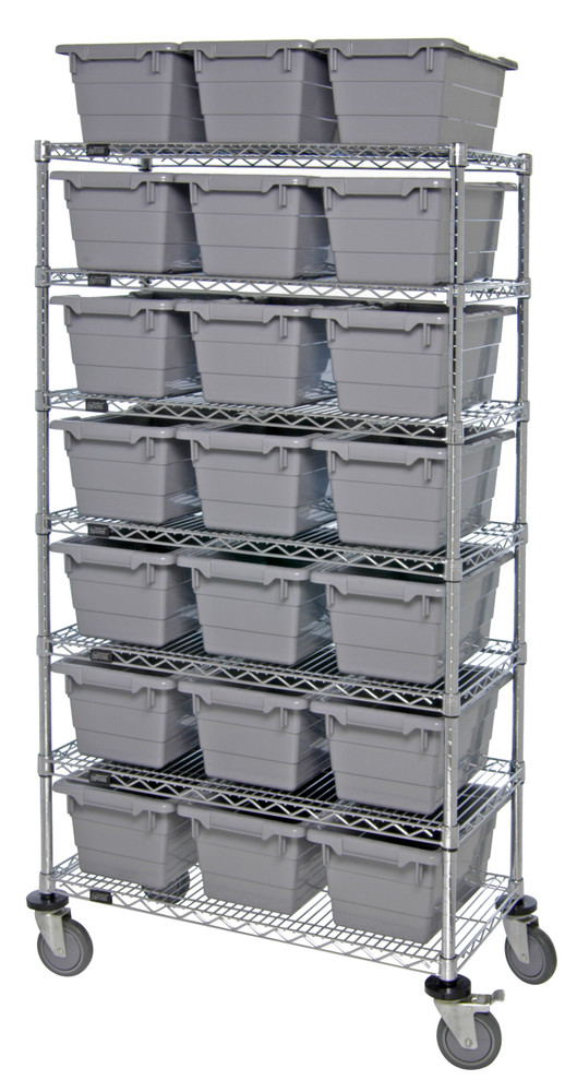 MWR7-1711-8GY Bin System Unit, mobile, 60"W x 18"D x 69"H, includes (7) wire shelves, (24) 17-1/4"L x 11"W x 8"H (TUB1711-8) gray bin and (4) 5" swivel casters, (2) with brake, chrome plated finish, shipped KD