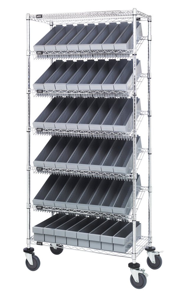 MWRS-7-604GY Bin Systems Unit, mobile, 36"L x 18"W x 80"H, includes: (4) posts, (2) flat wire shelves, (5) slanted wire shelves, (48) 17-5/8"L x 3-3/4"W x 4-5/8"H gray bins (QED604) & (4) 5" swivel polyurethane casters (2 with brakes)