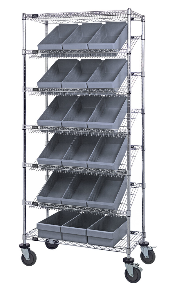 MWRS-7-606GY Bin Systems Unit, mobile, 36"L x 18"W x 80"H, includes: (4) posts, (2) flat wire shelves, (5) slanted wire shelves, (18) 17-5/8"L x 8-3/8"W x 4-5/8"H gray bins (QED606) & (4) 5" swivel polyurethane casters (2 with brakes)