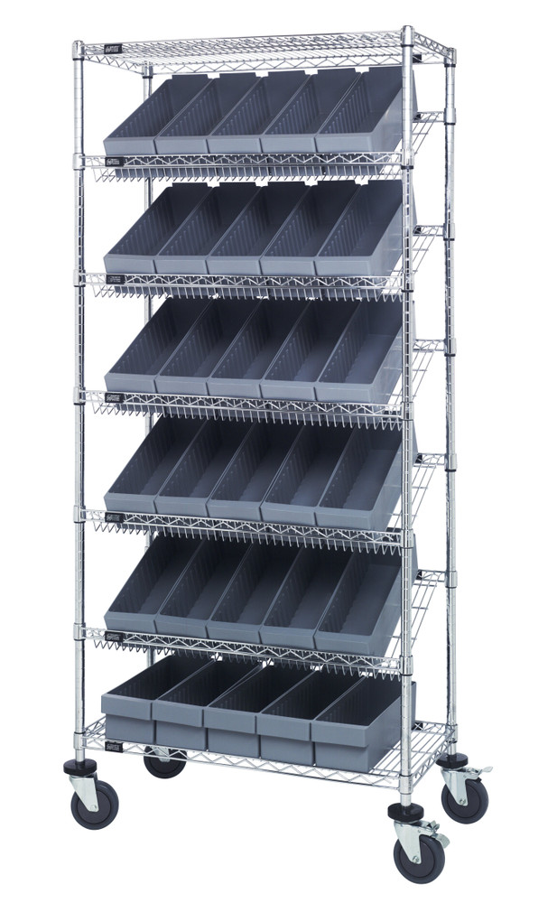 MWRS-7-602GY Bin Systems Unit, mobile, 36"L x 18"W x 80"H, includes: (4) posts, (2) flat wire shelves, (5) slanted wire shelves, (30) 17-5/8"L x 5-9/16"W x 4-5/8"H gray bins (QED602) & (4) 5" swivel polyurethane casters (2 with brakes)