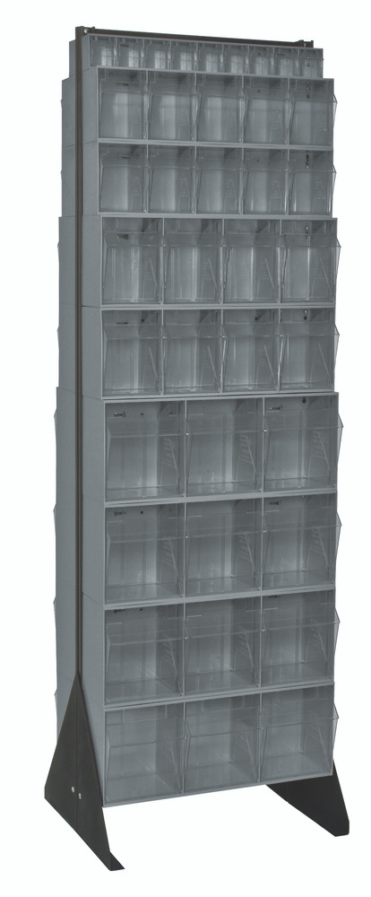 QFS270-72GY Tip Out Bin Floor Stand, double sided, 20-1/4"D x 23-5/8"W x 75"H, includes: (8) QTB303, (4) QTB304, (4) QTB305 and (2) QTB306 gray bins, 14 gauge steel, black coated finish