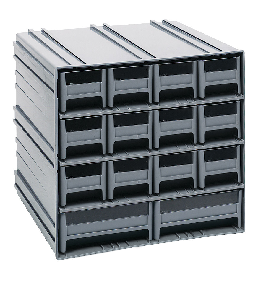 QIC-12123GY Interlocking Storage Cabinets, 11-3/8"D x 11-3/4"W x 11"H, includes: (12) IDR201 and (2) IDR203, windows and (2) dividers per drawer, cabinets interlock horizontally and vertically or can be mounted on wall, gray drawers