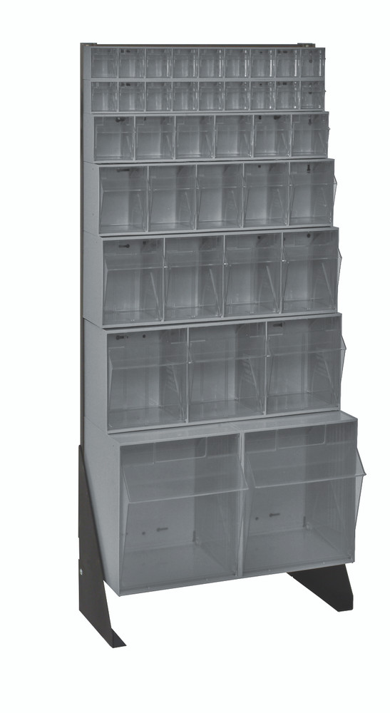QFS148-38GY Tip Out Bin Floor Stand, single sided, 10"D x 23-5/8"W x 52"H, includes: (1) QTB302, (1) QTB303, (1) QTB304, (1) QTB305, (1) QTB306 and (2) QTB309 gray bins, 14 gauge steel, black coated finish