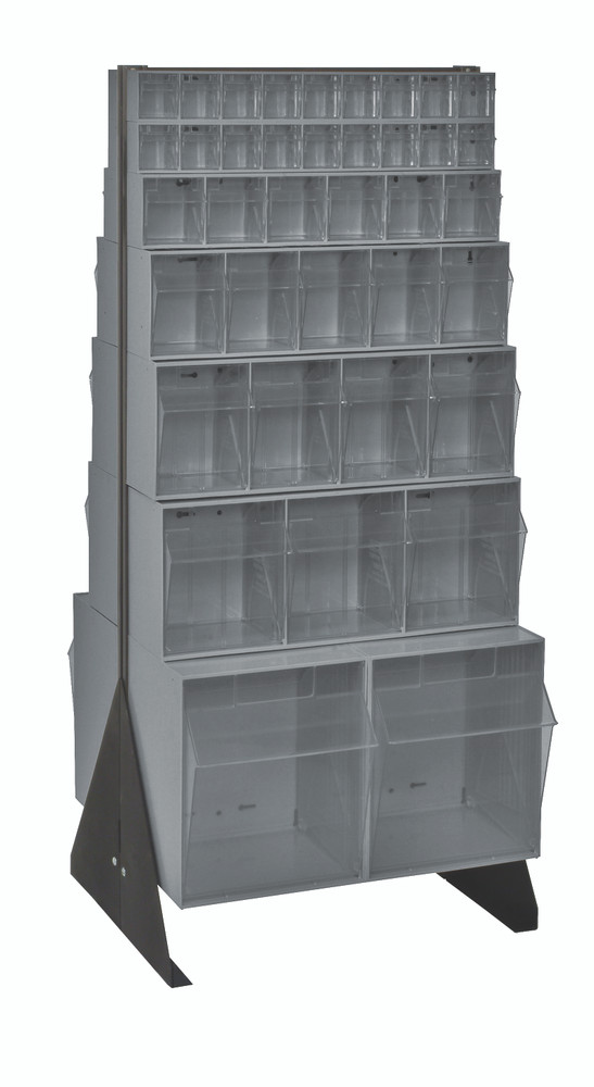 QFS248-76GY Tip Out Bin Floor Stand, double sided, 20-1/4"D x 23-5/8"W x 52"H, includes: (2) QTB302, (2) QTB303, (2) QTB304, (2) QTB305, (2) QTB306 and (4) QTB309 gray bins, 14 gauge steel, black coated finish