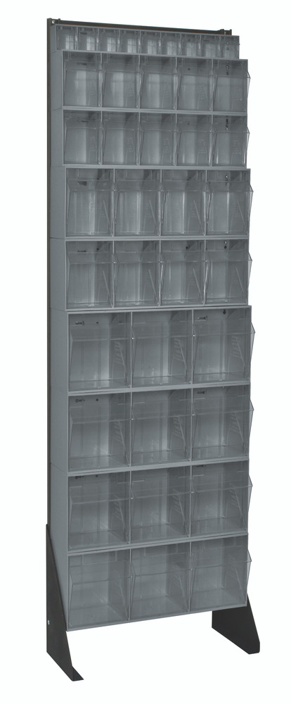 QFS170-36GY Tip Out Bin Floor Stand, single sided, 10"D x 23-5/8"W x 75"H, includes: (4) QTB303, (2) QTB304, (2) QTB305 and (1) QTB306 gray bins, 14 gauge steel, black coated finish