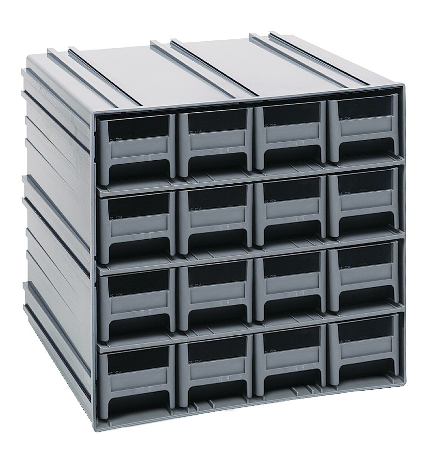 QIC-161GY Interlocking Storage Cabinets, 11-3/8"D x 11-3/4"W x 11"H, includes: (16) IDR201, windows and (2) dividers per drawer, cabinets interlock horizontally and vertically or can be mounted on wall, gray drawers