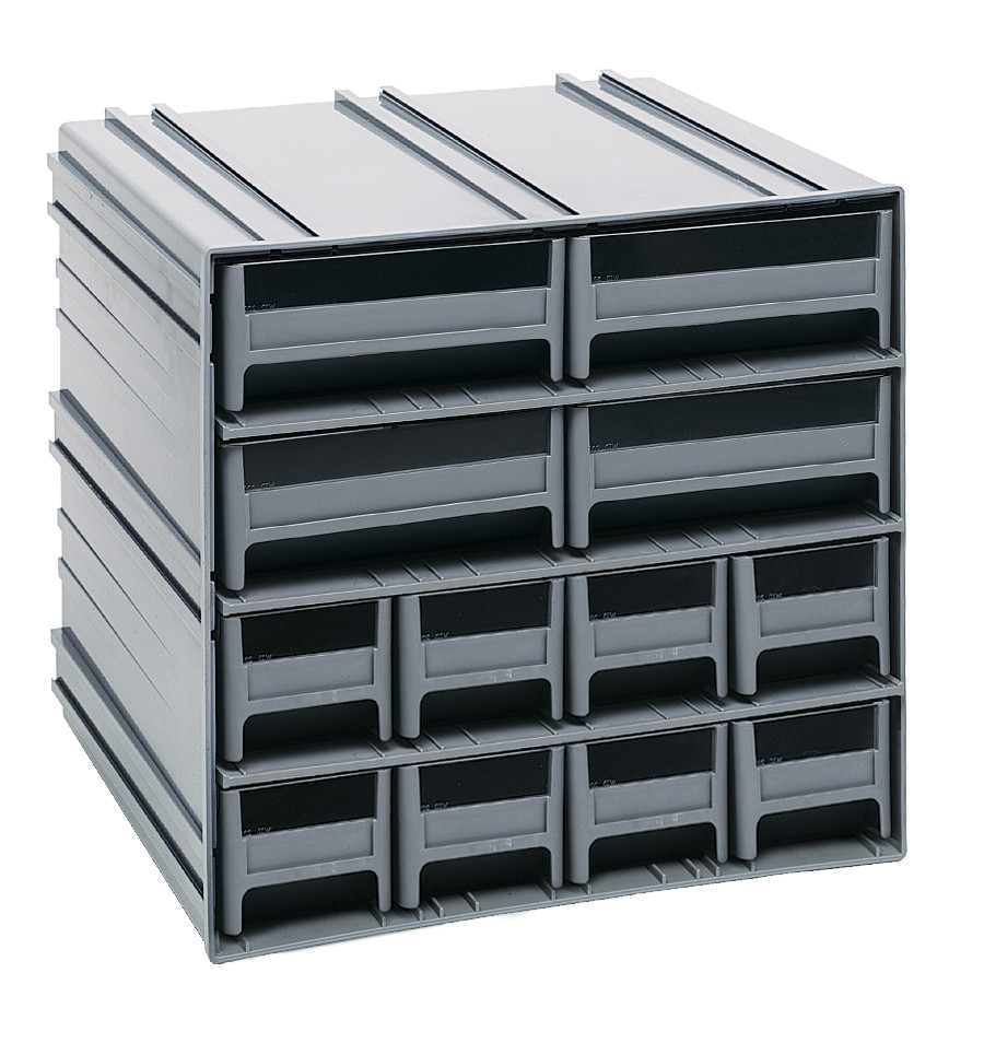 QIC-8143GY Interlocking Storage Cabinets, 11-3/8"D x 11-3/4"W x 11"H, includes: (8) IDR201 and (4) IDR203, windows and (2) dividers per drawer, cabinets interlock horizontally and vertically or can be mounted on wall, gray drawers