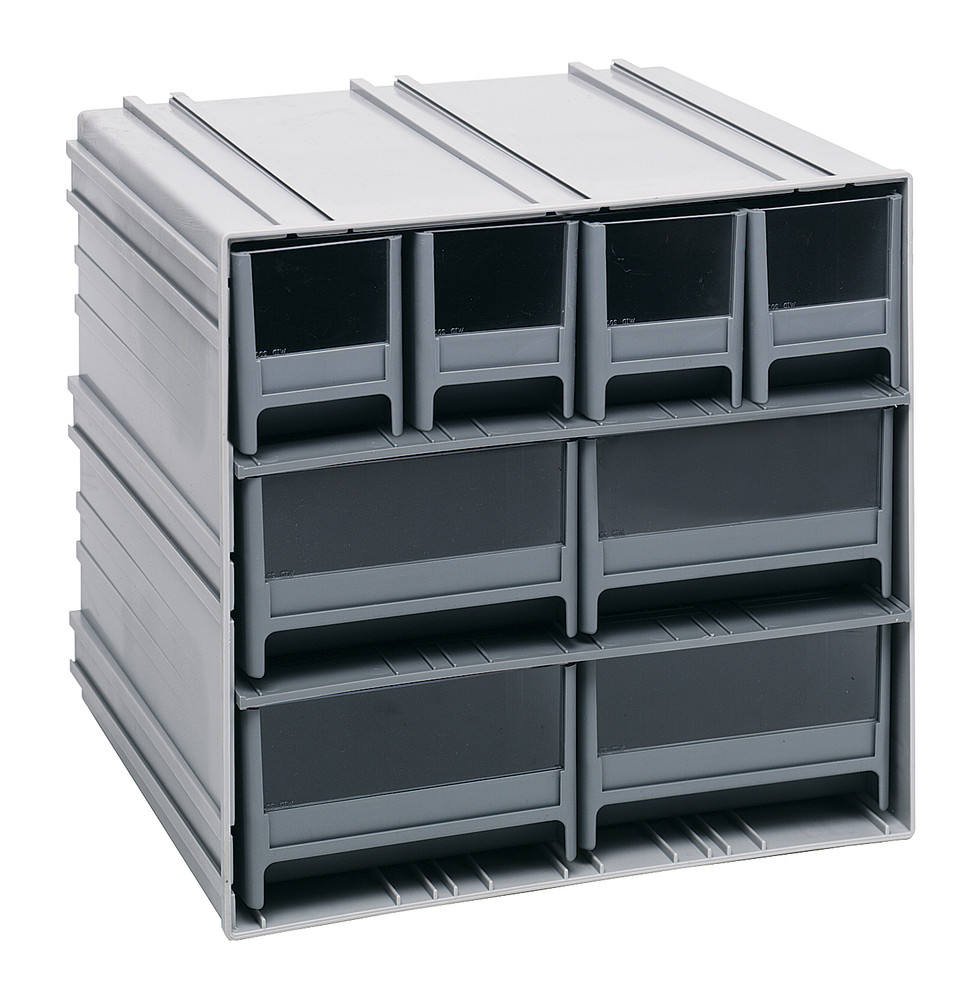 QIC-4244GY Interlocking Storage Cabinets, 11-3/8"D x 11-3/4"W x 11"H, includes: (4) IDR202 and (4) IDR204, windows and (2) dividers per drawer, cabinets interlock horizontally and vertically or can be mounted on wall, gray drawers