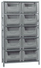 QSBU-700GY Shelving Unit, 18"D x 42"L x 75"H, heavy duty, 400 lb. load capacity per shelf, includes: (6) shelves and (10) QGH700 gray bins, uprights and cross bars, galvanized steel finish