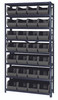 QSBU-240BK Shelving Unit, 12"D x 36"L x 75"H, heavy duty, 400 lb. load capacity per shelf, includes: (8) shelves and (28) QUS240 black bins, uprights and cross bars, galvanized steel finish
