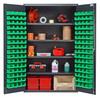 QSC-4803GN Heavy-Duty 48" Bin Cabinet, 48"W x 24"D x 78"H, 400 lb. capacity per interior shelf, 14 gauge all welded construction, includes: (4) adjustable shelves and (128) QUS210 green bins, gray powder-coated finish