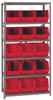QSBU-260RD Shelving Unit, 18"D x 36"L x 75"H, heavy duty, 400 lb. load capacity per shelf, includes: (6) shelves and (15) QUS260 red bins, uprights and cross bars, galvanized steel finish