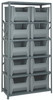 QSBU-800GY Shelving Unit, 18"D x 36"L x 75"H, heavy duty, 400 lb. load capacity per shelf, includes: (6) shelves and (10) QGH800 gray bins, uprights and cross bars, galvanized steel finish