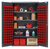 QSC-4803RD Heavy-Duty 48" Bin Cabinet, 48"W x 24"D x 78"H, 400 lb. capacity per interior shelf, 14 gauge all welded construction, includes: (4) adjustable shelves and (128) QUS210 red bins, gray powder-coated finish