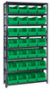 QSBU-240GN Shelving Unit, 12"D x 36"L x 75"H, heavy duty, 400 lb. load capacity per shelf, includes: (8) shelves and (28) QUS240 green bins, uprights and cross bars, galvanized steel finish