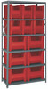 QSBU-600800RD Shelving Unit, 18"D x 36"L x 75"H, heavy duty, 400 lb. load capacity per shelf, includes: (6) shelves (6) QGH600 and (6) QGH800 red bins, uprights and cross bars, galvanized steel finish