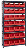 QSBU-240RD Shelving Unit, 12"D x 36"L x 75"H, heavy duty, 400 lb. load capacity per shelf, includes: (8) shelves and (28) QUS240 red bins, uprights and cross bars, galvanized steel finish
