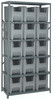 QSBU-600GY Shelving Unit, 18"D x 36"L x 75"H, heavy duty, 400 lb. load capacity per shelf, includes: (6) shelves and (15) QGH600 gray bins, uprights and cross bars, galvanized steel finish