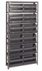 QSBU-245BK Shelving Unit, 12"D x 36"L x 75"H, heavy duty, 400 lb. load capacity per shelf, includes: (7) shelves and (24) QUS245 black bins, uprights and cross bars, galvanized steel finish