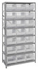 QSBU-255CL Shelving Unit, 18"D x 36"L x 75"H, heavy duty, 400 lb. load capacity per shelf, includes: (8) shelves and (21) QUS255 clear bins, uprights and cross bars, galvanized steel finish