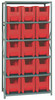 QSBU-600RD Shelving Unit, 18"D x 36"L x 75"H, heavy duty, 400 lb. load capacity per shelf, includes: (6) shelves and (15) QGH600 red bins, uprights and cross bars, galvanized steel finish