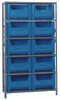 QSBU-700BL Shelving Unit, 18"D x 42"L x 75"H, heavy duty, 400 lb. load capacity per shelf, includes: (6) shelves and (10) QGH700 blue bins, uprights and cross bars, galvanized steel finish